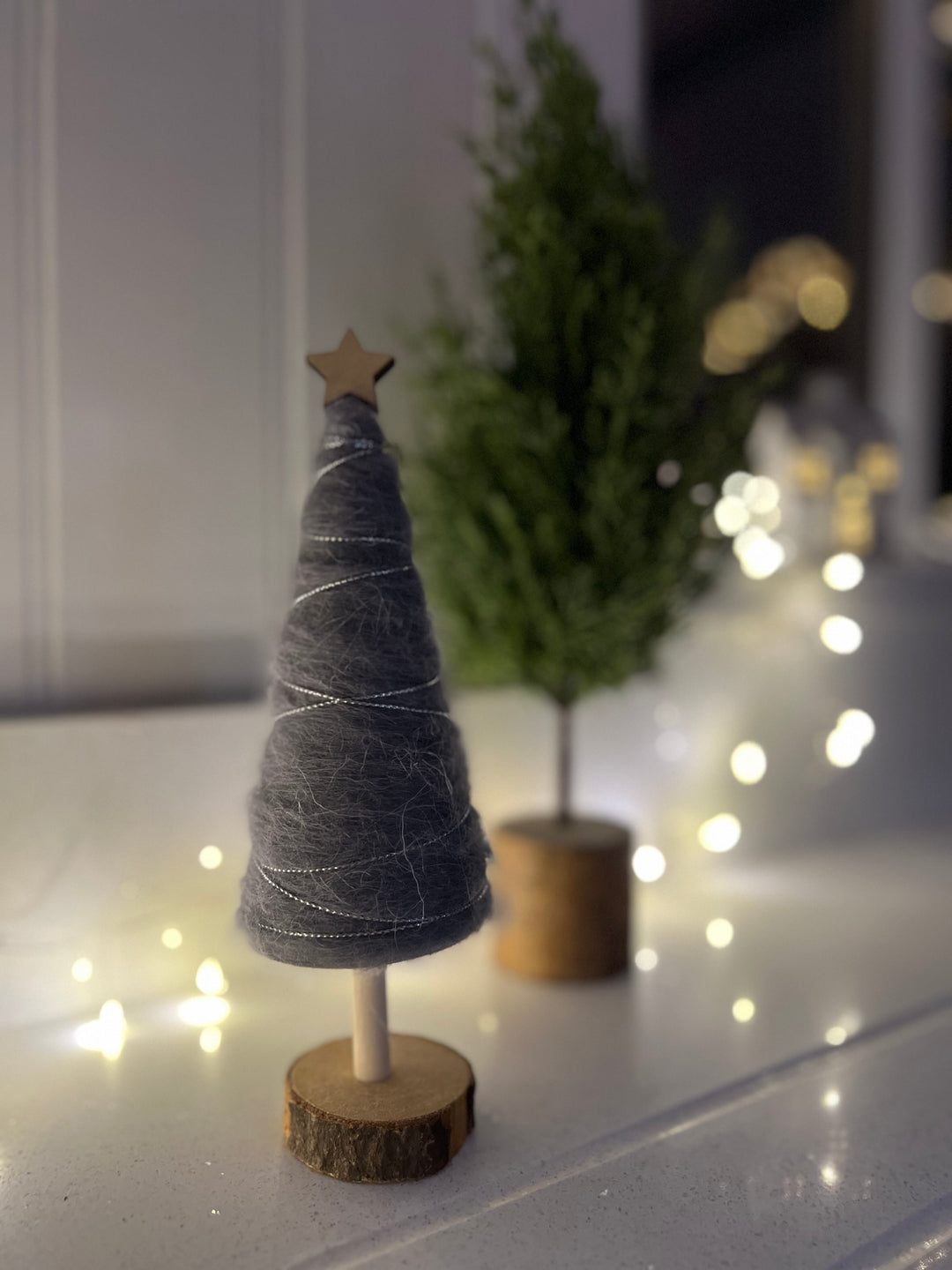 Pair of Woollen Grey And Wooden Tree Decoration