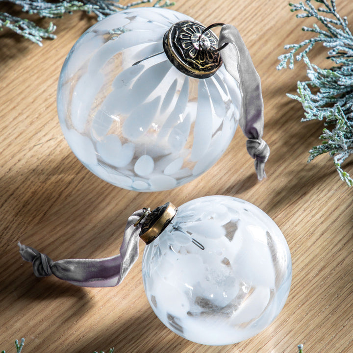 Set Of 6 White Glass Baubles 10cm