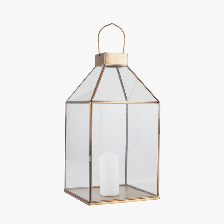 Shiny Brass Metal and Glass Square Lantern 49cm