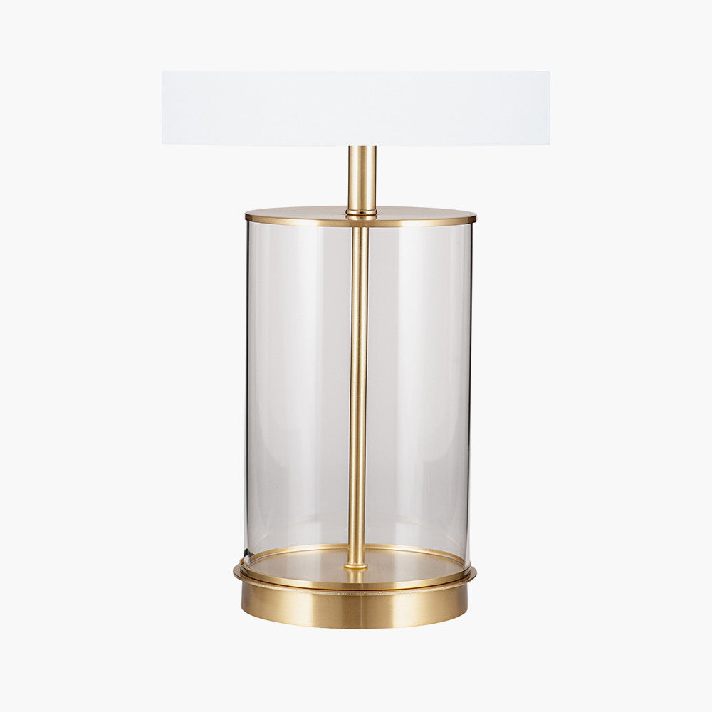 Westwood Clear Glass and Champagne Metal Table Lamp with Harry 35cm Ivory Poly Cotton Cylinder Drum Shade