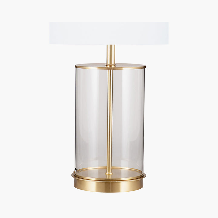 Westwood Clear Glass and Champagne Metal Table Lamp with Harry 35cm Ivory Poly Cotton Cylinder Drum Shade