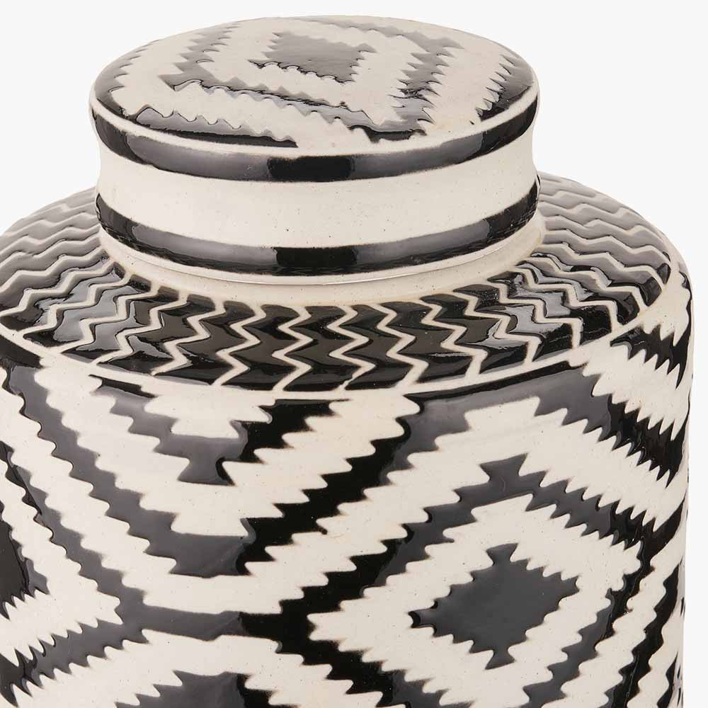 Chirala Black and White Ceramic Aztec Design Lidded Ginger Jar