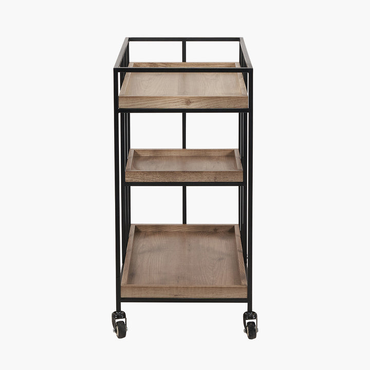 Gallery Natural Wood Veneer and Black Metal Bar Trolley