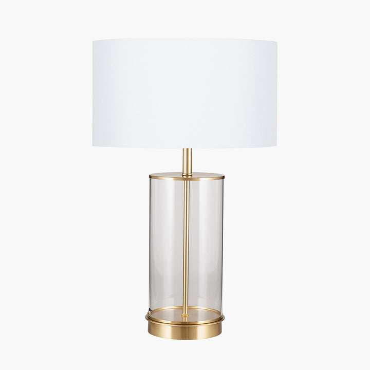 Westwood Clear Glass and Champagne Metal Table Lamp with Harry 35cm Ivory Poly Cotton Cylinder Drum Shade