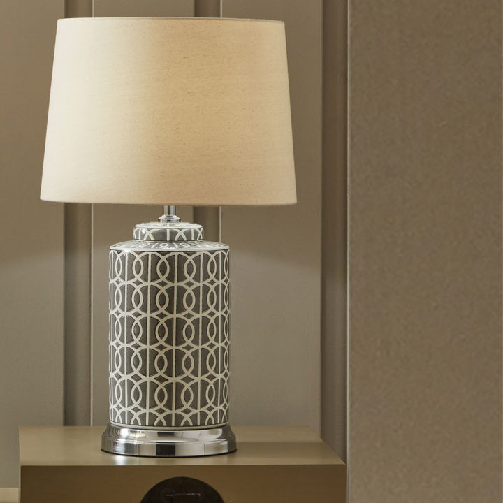 Aris Tall Grey and White Geo Pattern Table Lamp 72cm