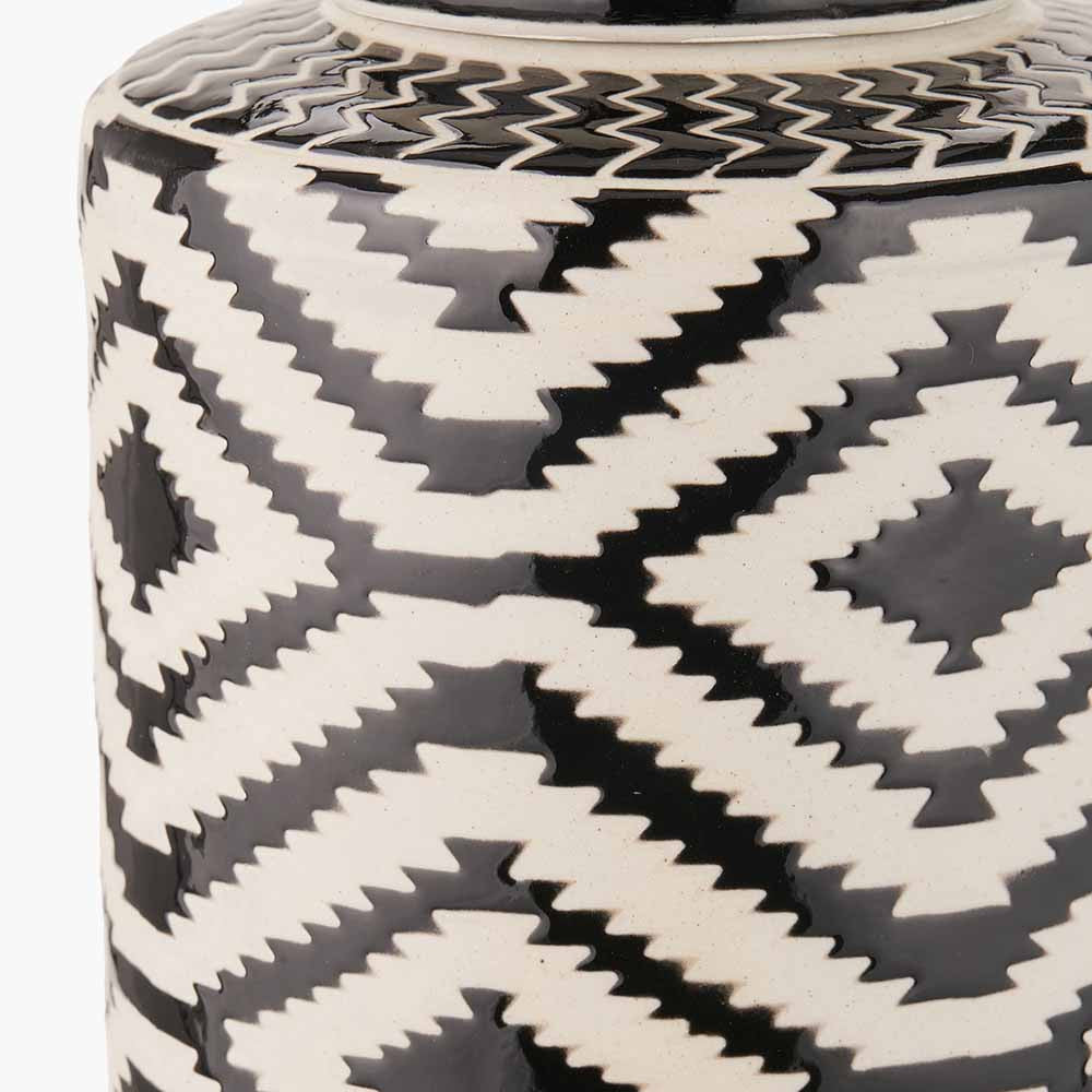 Chirala Black and White Ceramic Aztec Design Lidded Ginger Jar