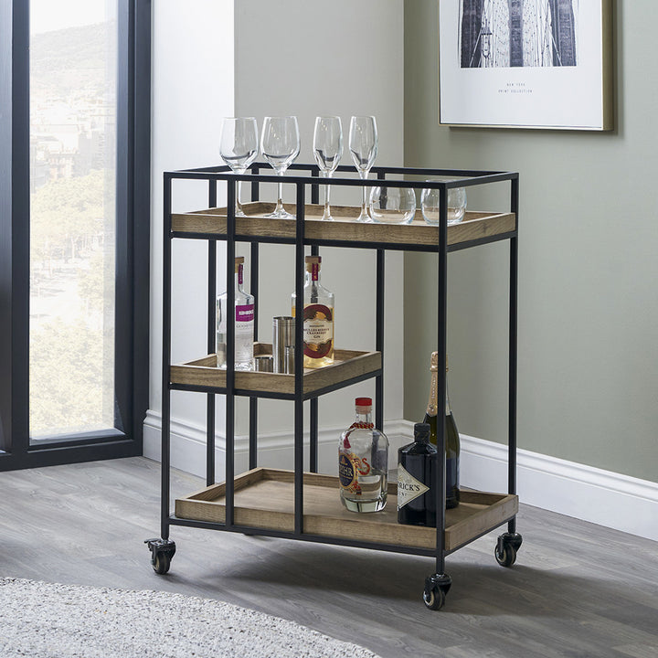 Gallery Natural Wood Veneer and Black Metal Bar Trolley