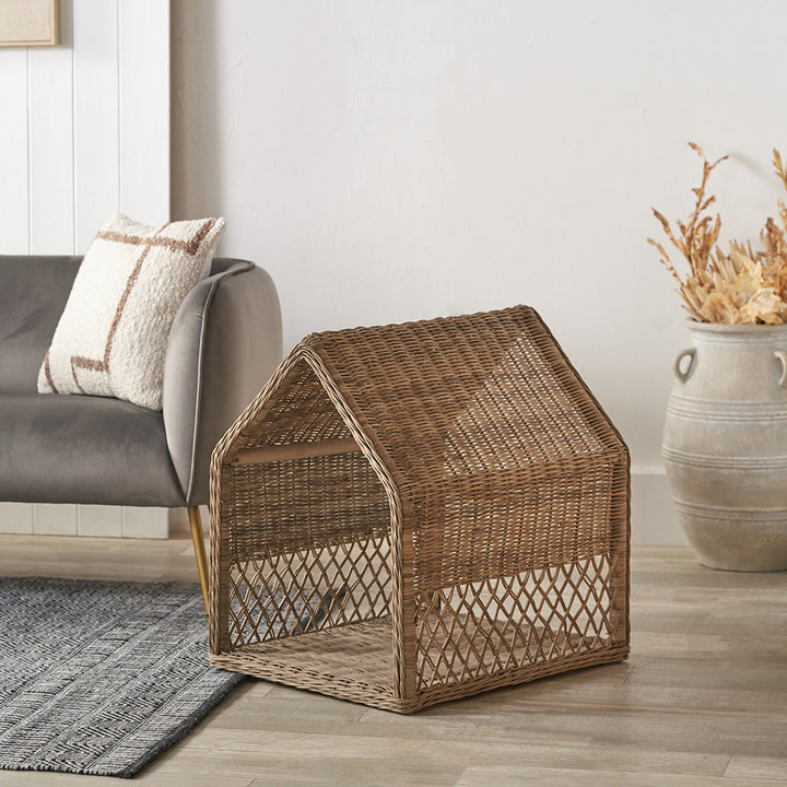 Grey Rattan House Dog Basket