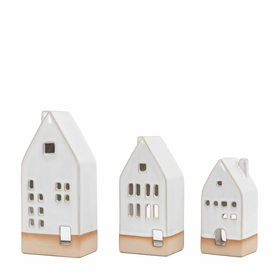 Set Of 3 White Ceramic Tealight Houses