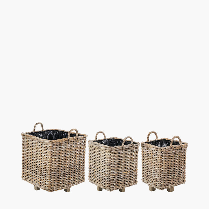 Tobs Set of 3 Indoor Outdoor Grey Kubu Rattan Square Basket Planters with Handles
