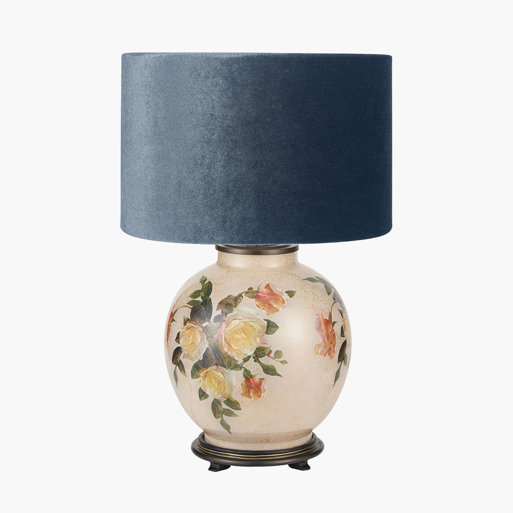 Classic Rose Large Glass Table Lamp Base with Bow 40cm Slate Velvet Cylinder Lampshade