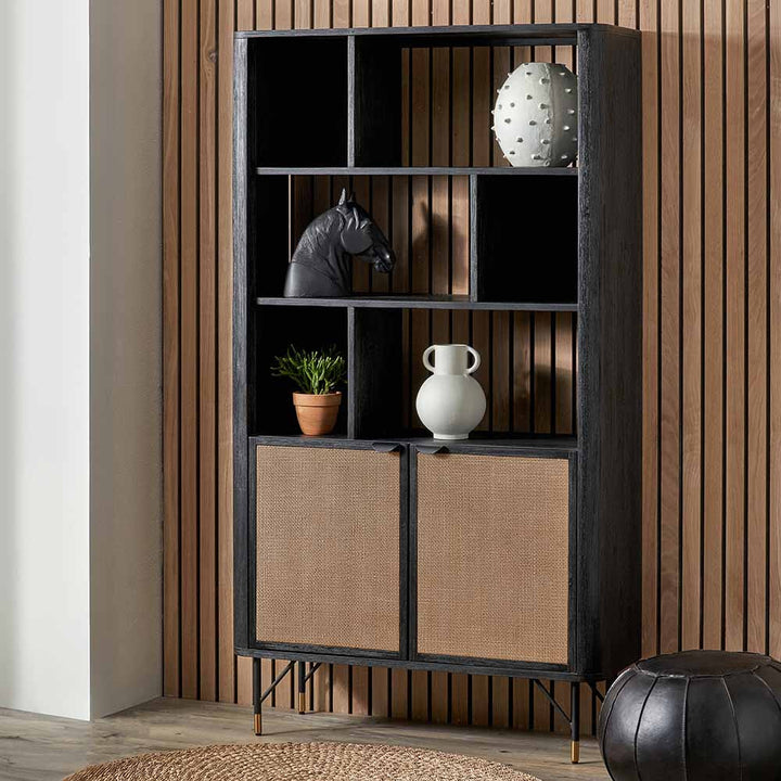 Fiji Black Acacia Wood and Natural Rattan 2 Door 6 Niche Shelf Unit