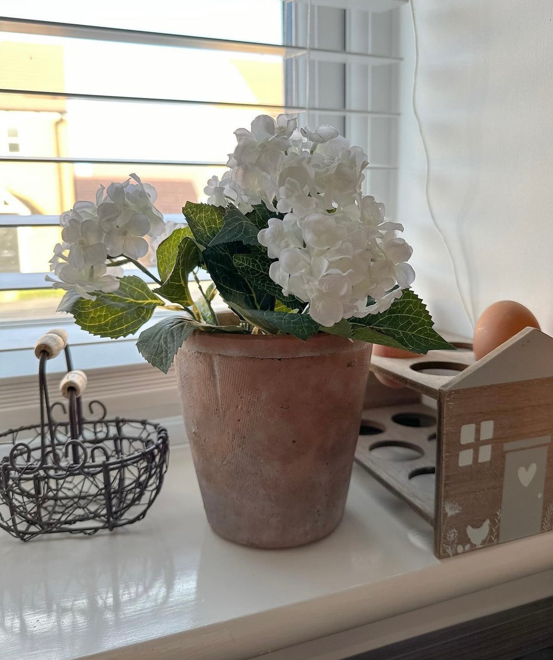 White Hydrangea Bush with Rustic Ceramic Flowerpot