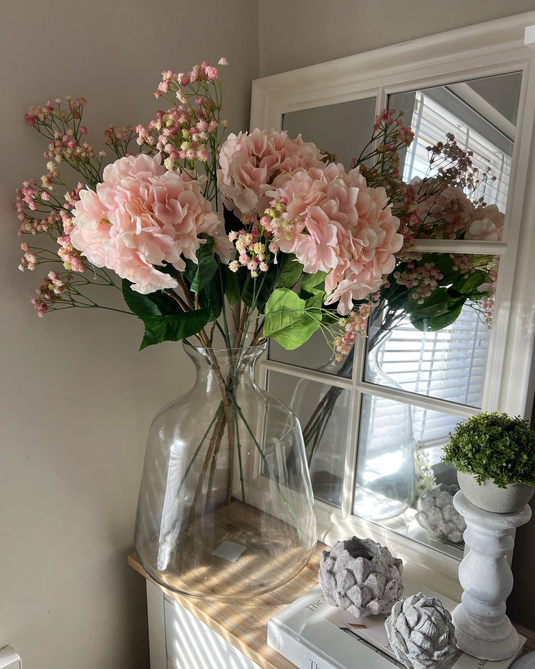 Luxury pink hydrangea and baby's breath arrangement in extra large glass vase