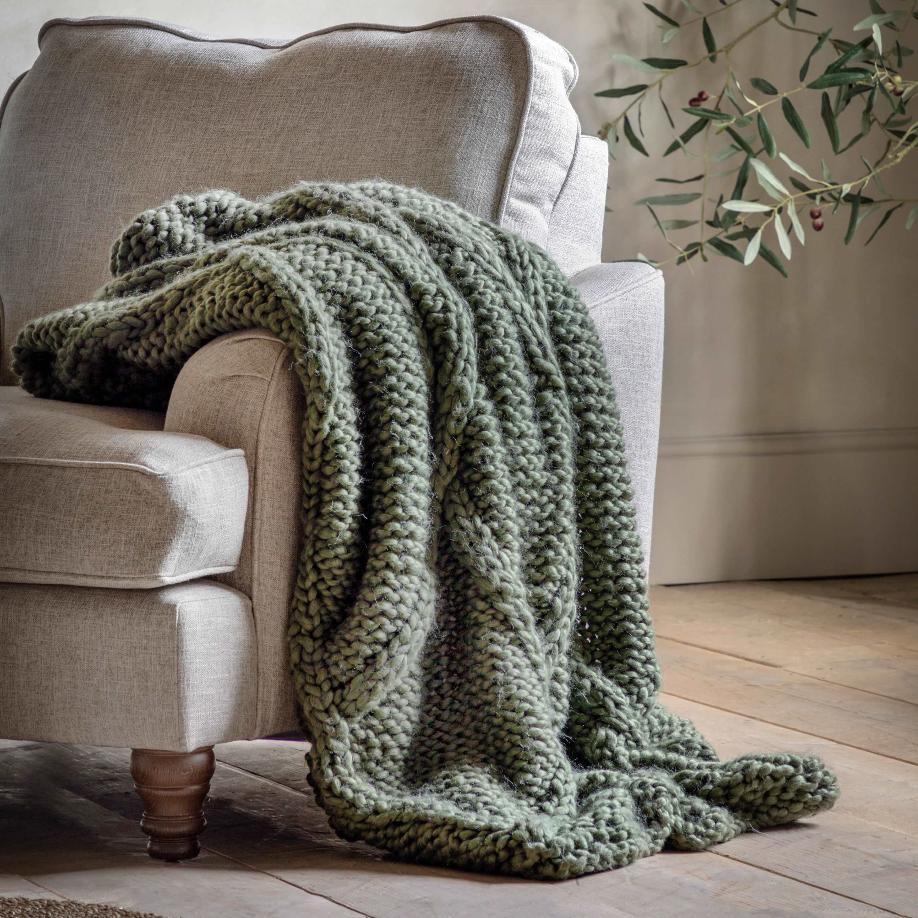 Olive Cable Knit Diamond Throw Home Pieces