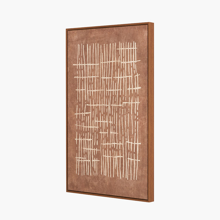 Brown and Natural Abstract Linear Design Canvas with Oak Effect Frame