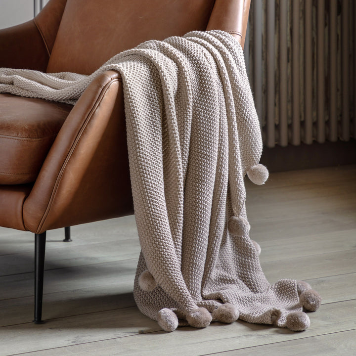 Natural Beige Knitted Throw With Pom Poms