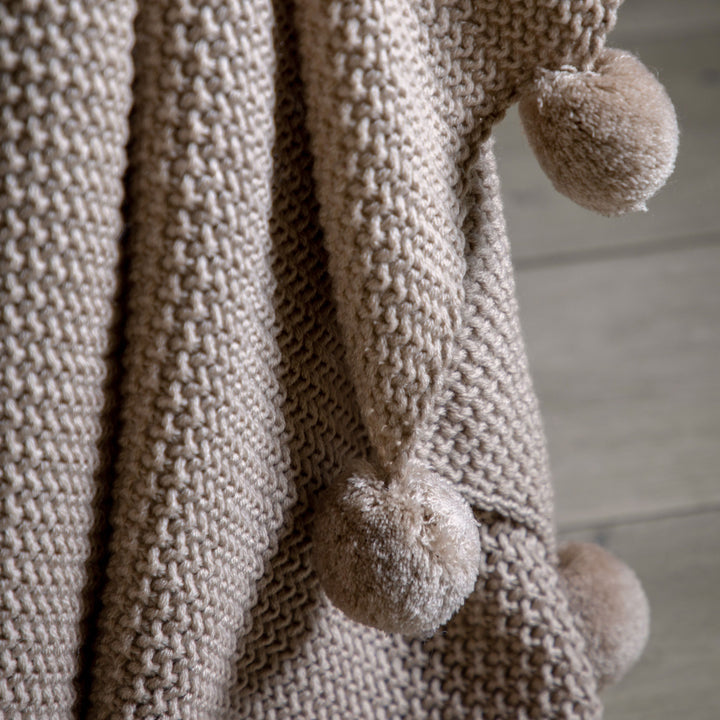 Natural Beige Knitted Throw With Pom Poms