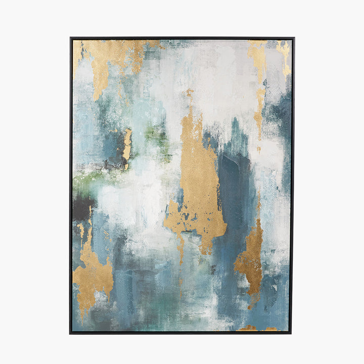 Gold and Blue Tone Abstract Canvas with Black Frame