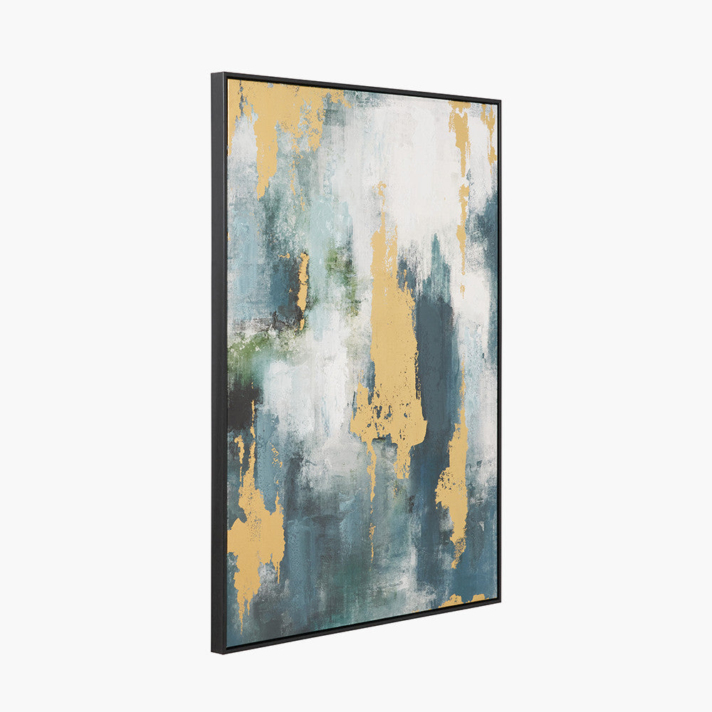 Gold and Blue Tone Abstract Canvas with Black Frame