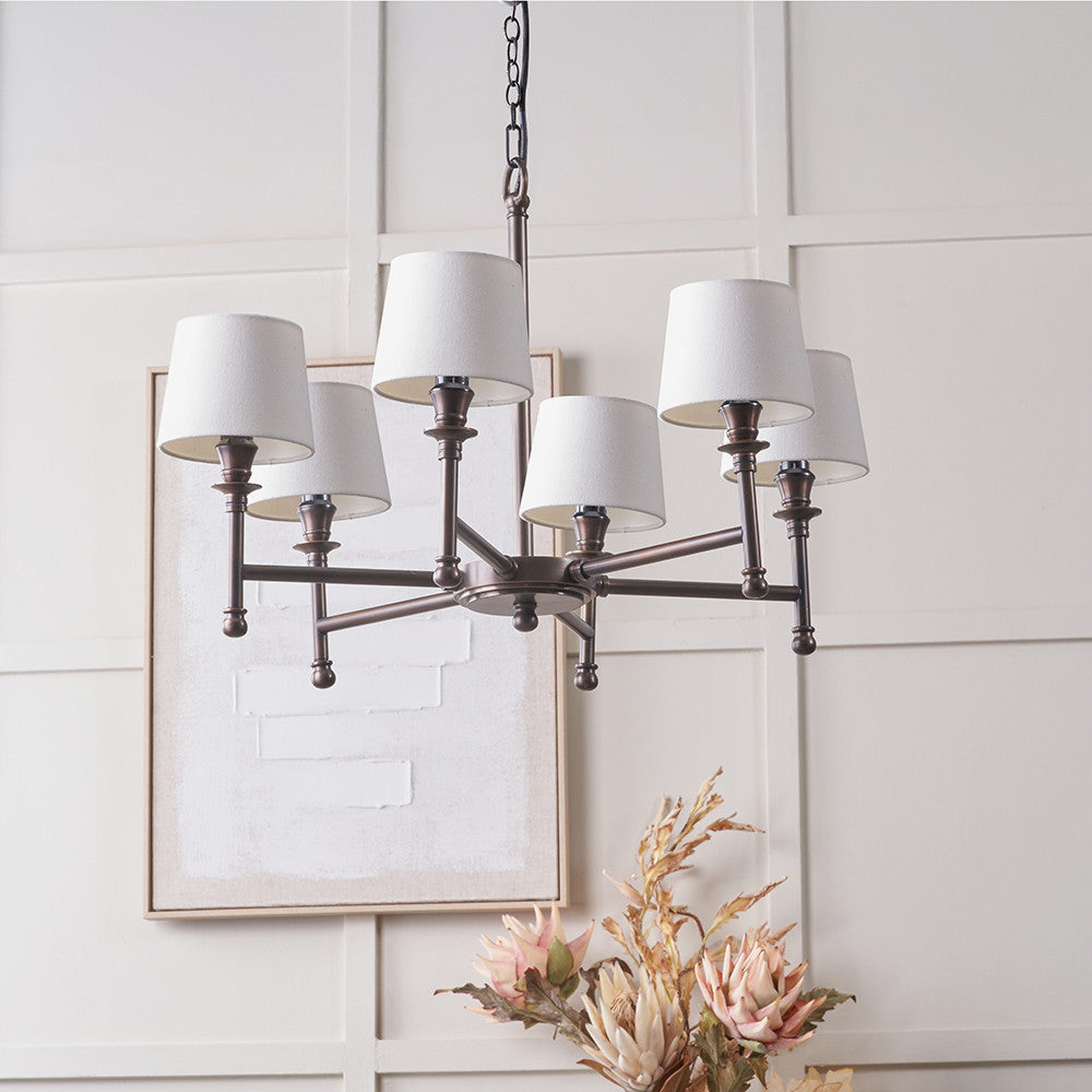 Piero Antique Bronze Metal 6 Arm Pendant with Pelham 15cm White Handloom Tapered Candle Clip Lampshades