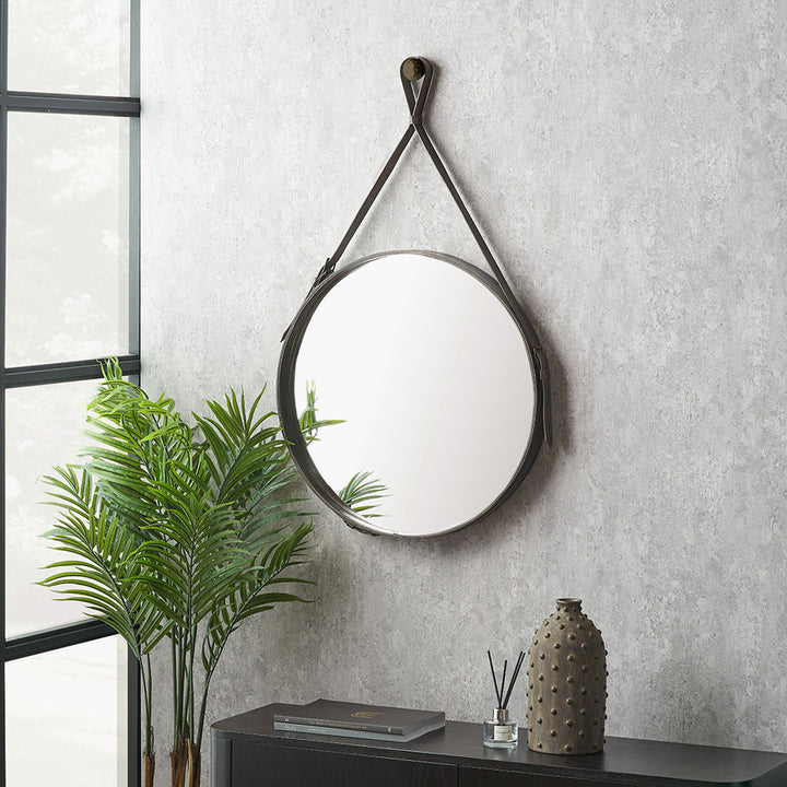 Peppercorn Leather Frame Round Wall Mirror 60cm