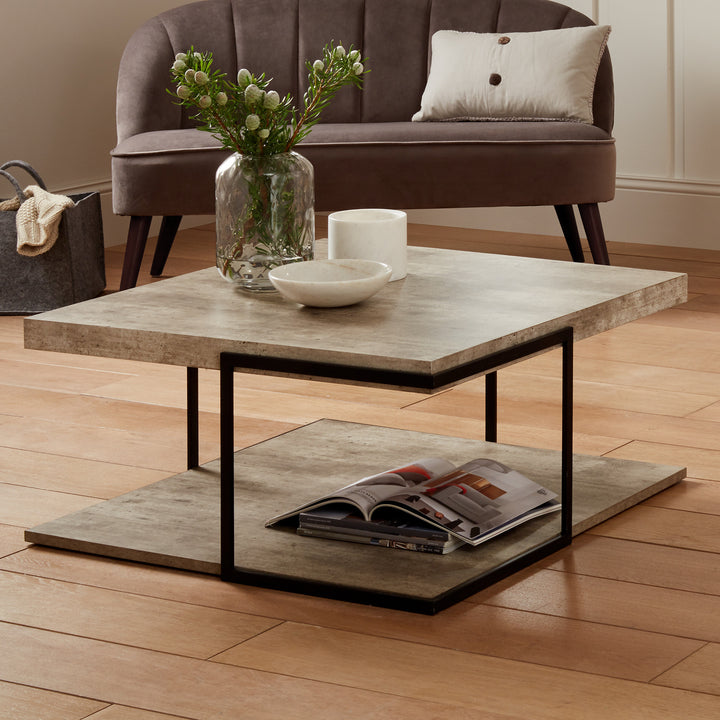 Jersey Concrete Effect Wood Veneer and Black Metal Coffee Table