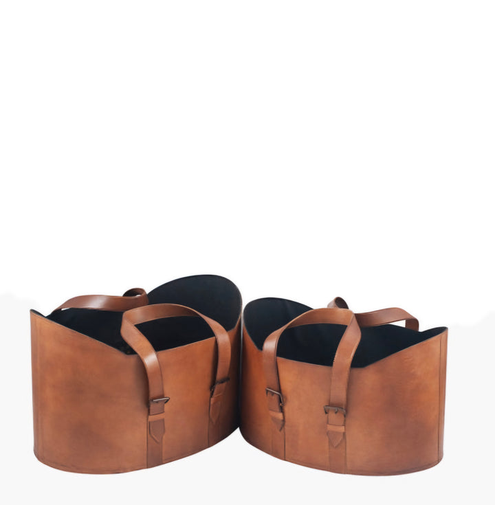 Alessio S/2 Vintage Brown Leather Handled Storage