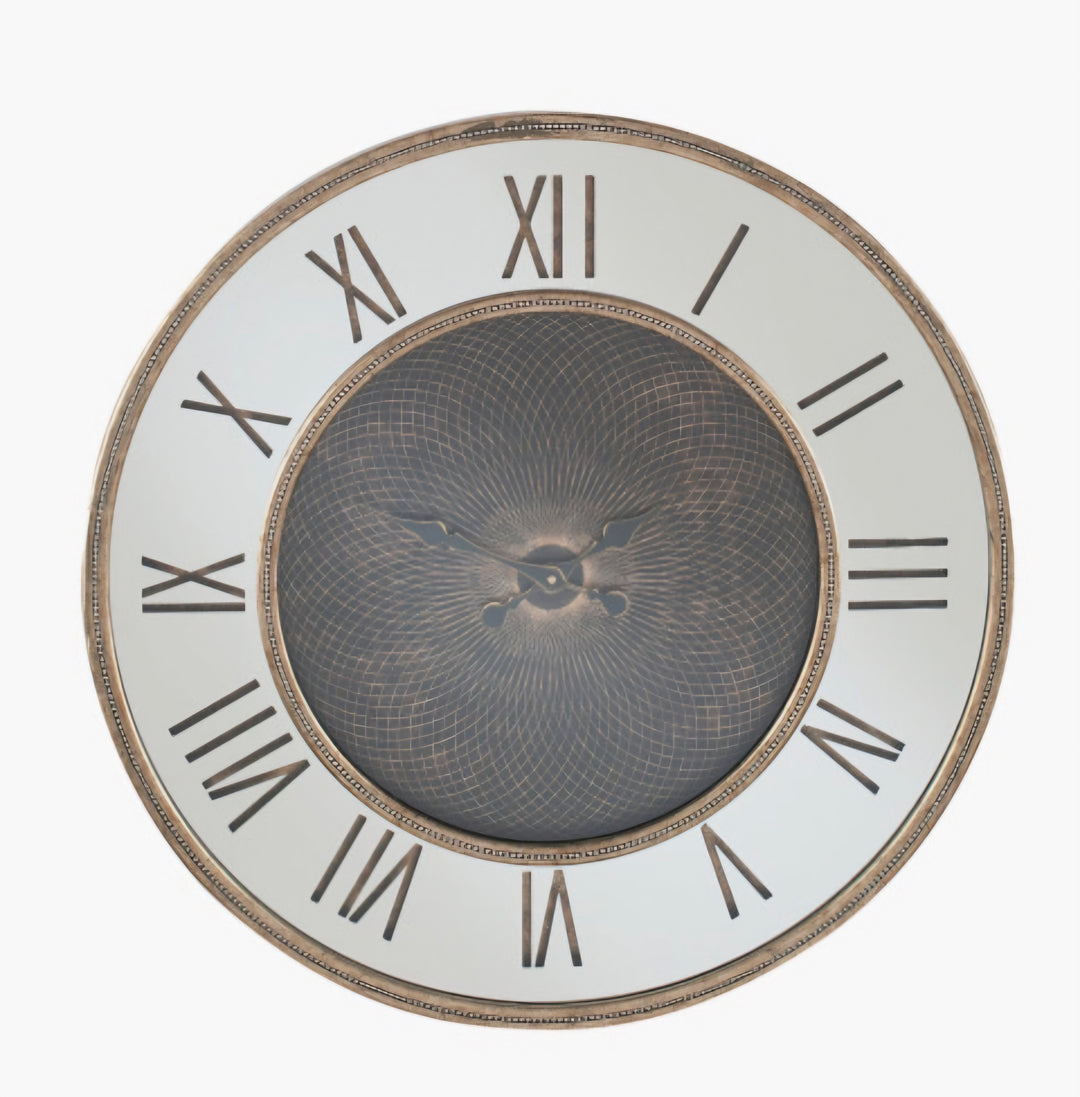 Antique Gold Wood and Geo Print Mirror Wall Clock