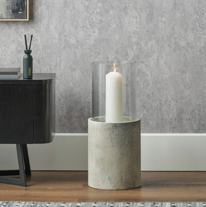 Stone Grey Metal and Clear Glass Hurricane
