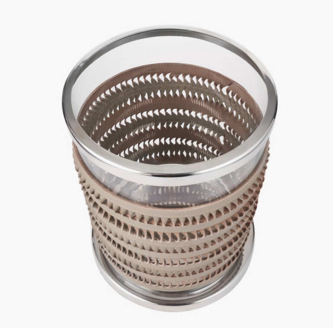 Silver Metal, Clear Glass and Grey Plaited Leather Hurricane Small