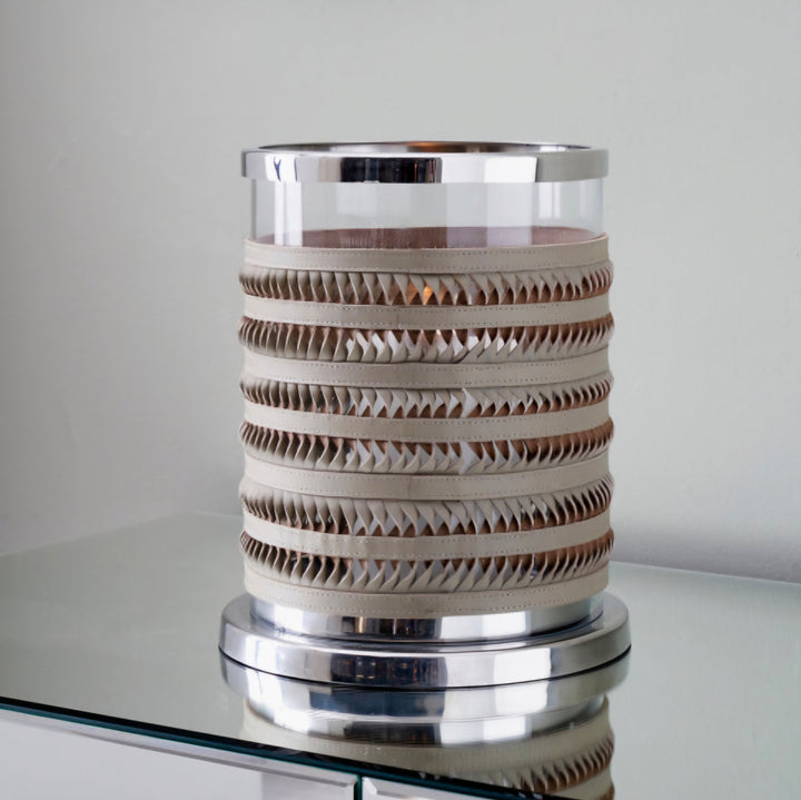 Silver Metal, Clear Glass and Grey Plaited Leather Hurricane Small