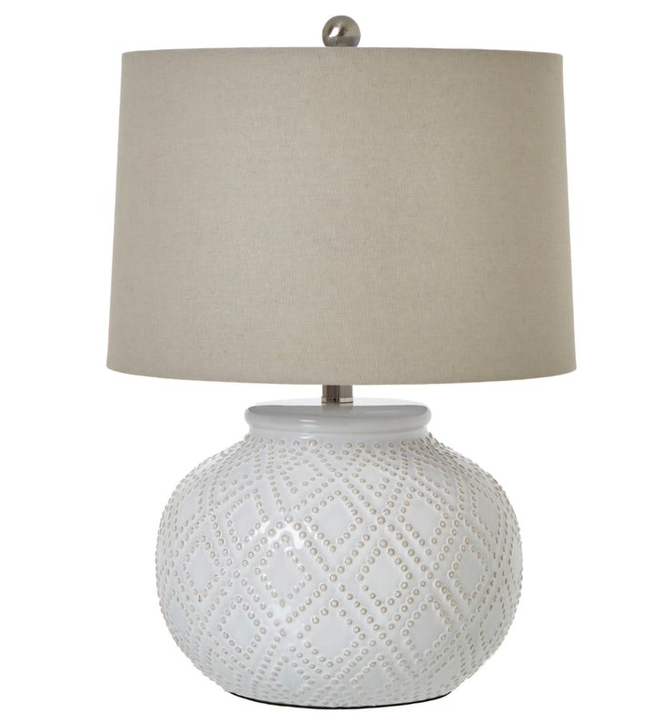 Squat White Beaded Ceramic Lamp With Linen Shade
