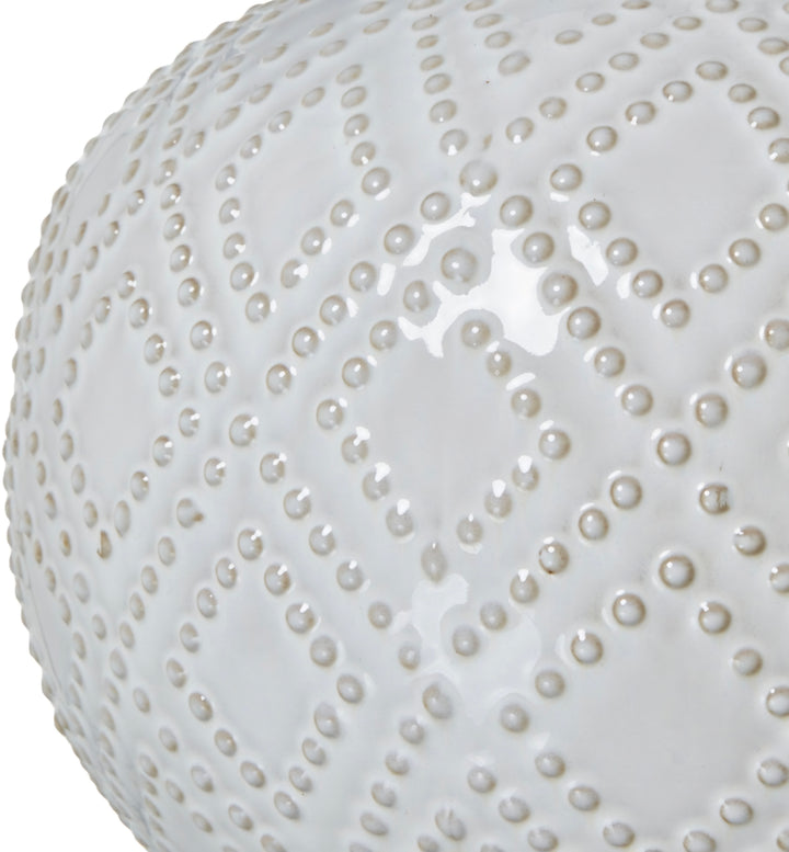 Squat White Beaded Ceramic Lamp With Linen Shade