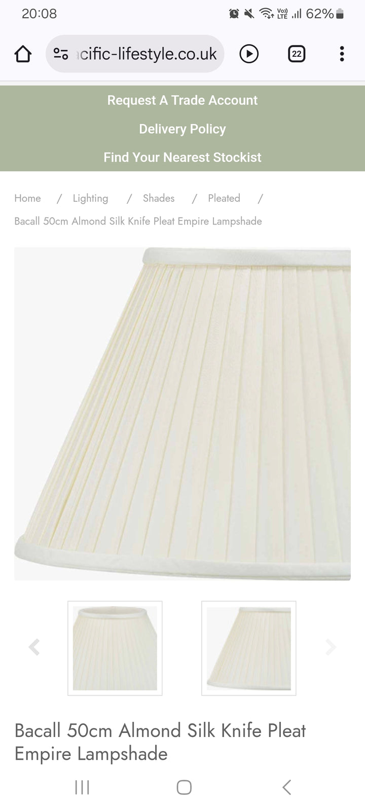 Bacall 50cm Almond Silk Knife Pleat Empire Lampshade
