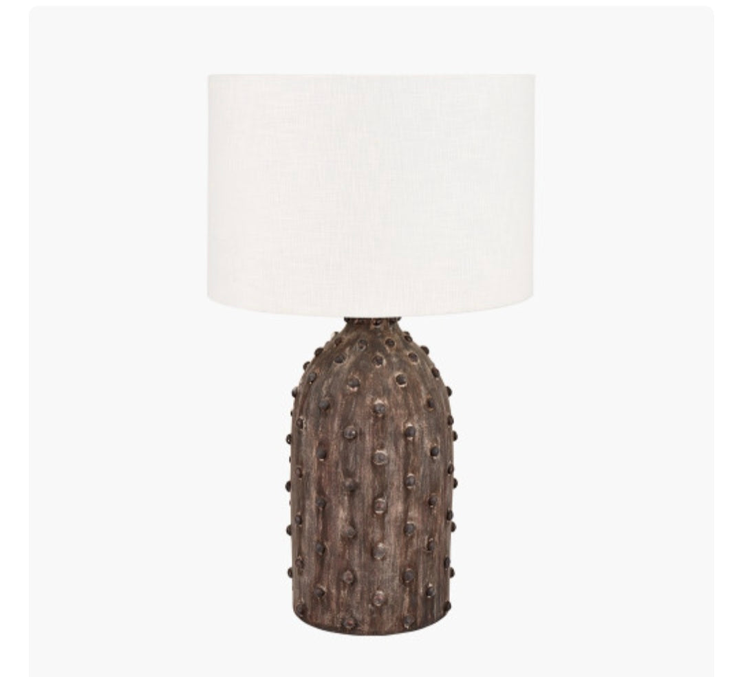Kali Textured Dot Grey Stoneware Table Lamp Base with Lino 30cm White Self Lined Linen Cylinder Lampshade