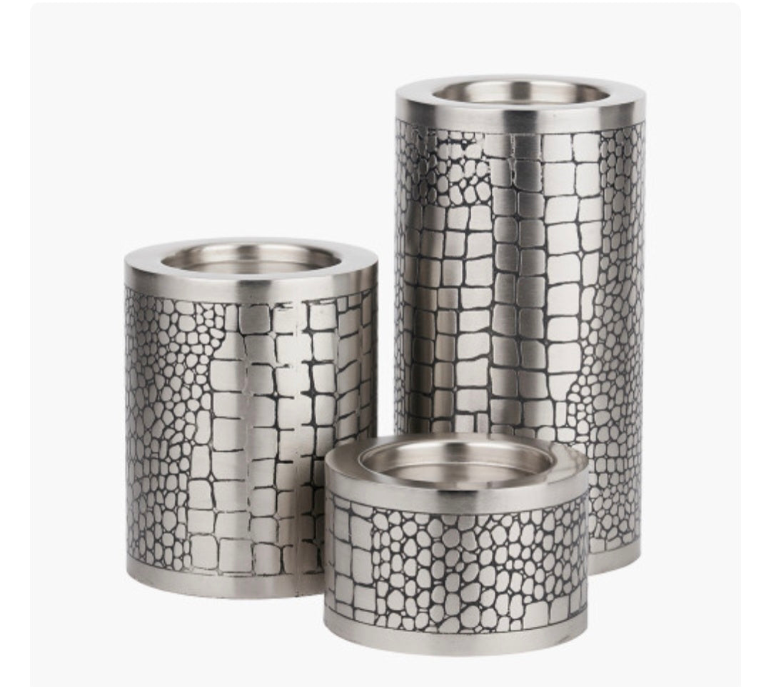 S/3 Antique Silver Croc Print Metal Pillar Candle Holders