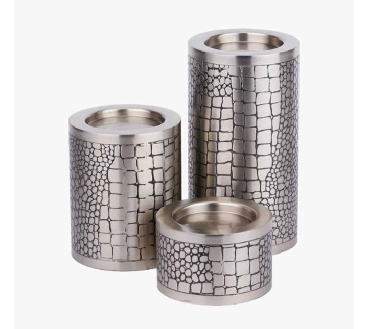 S/3 Antique Silver Croc Print Metal Pillar Candle Holders