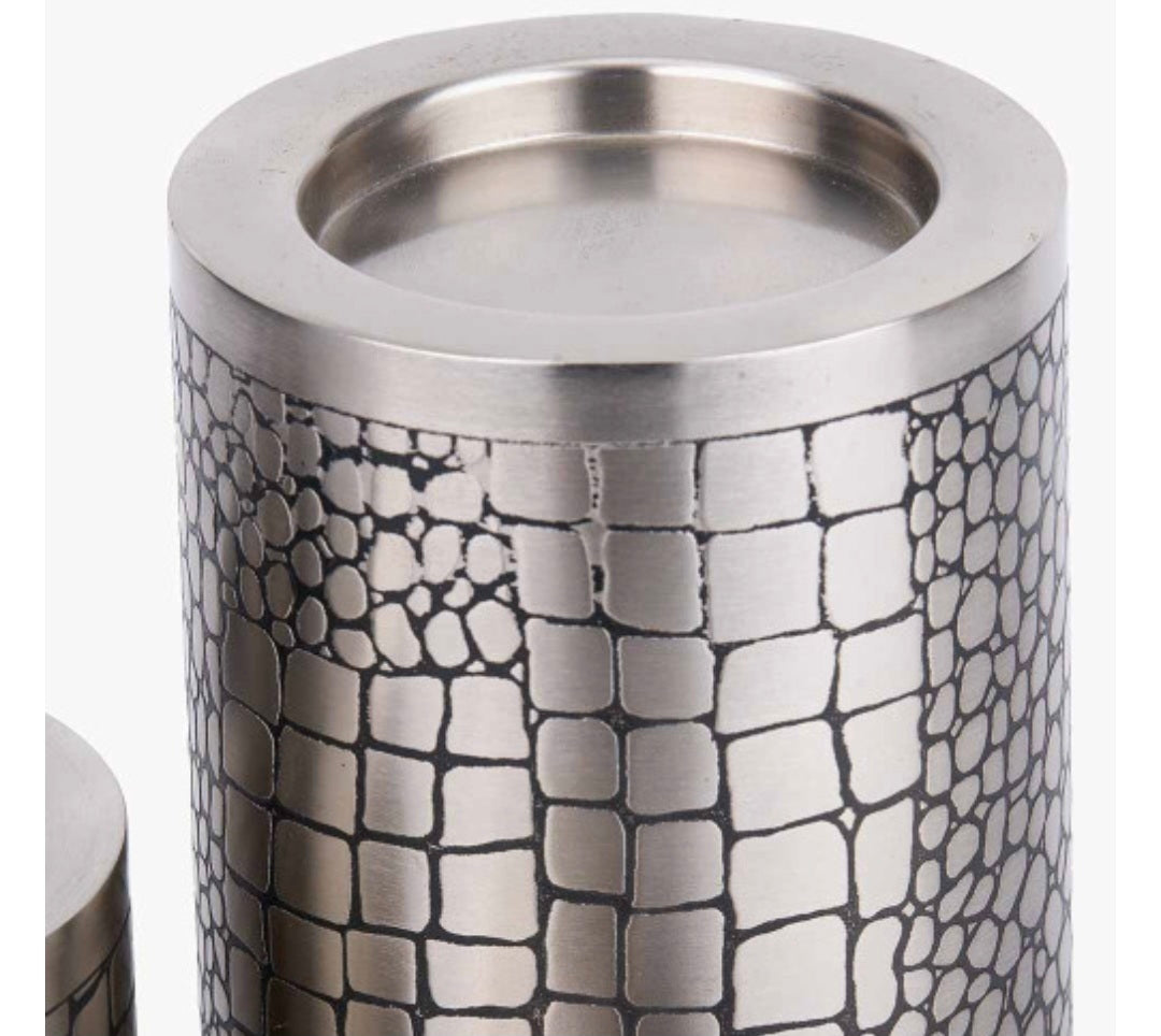 S/3 Antique Silver Croc Print Metal Pillar Candle Holders
