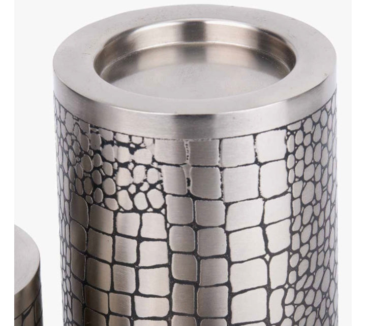 S/3 Antique Silver Croc Print Metal Pillar Candle Holders