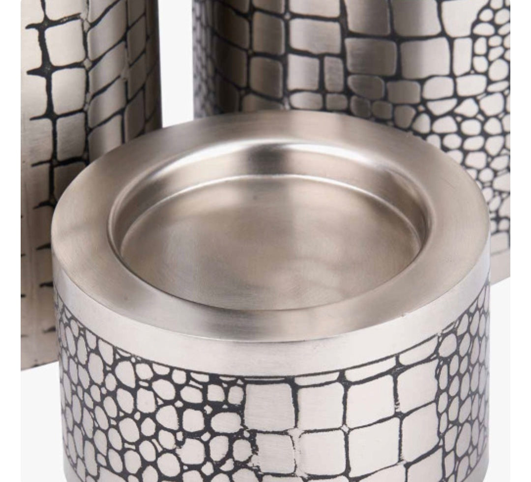 S/3 Antique Silver Croc Print Metal Pillar Candle Holders