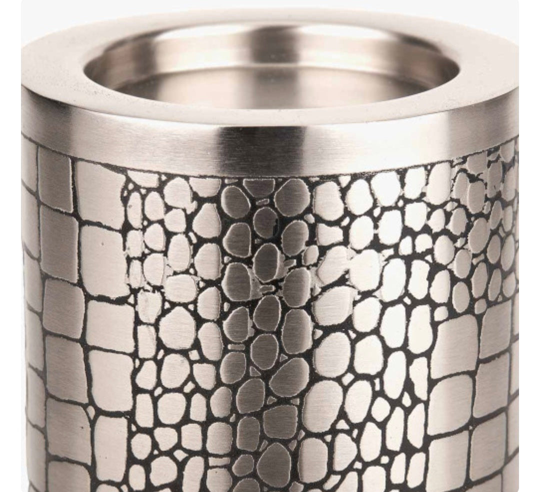 S/3 Antique Silver Croc Print Metal Pillar Candle Holders