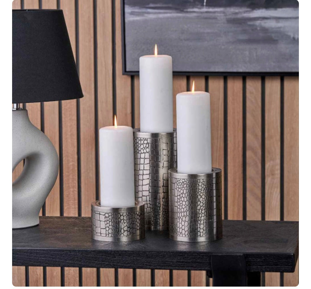 Antique Silver Croc Print Metal Pillar Candle Holders
