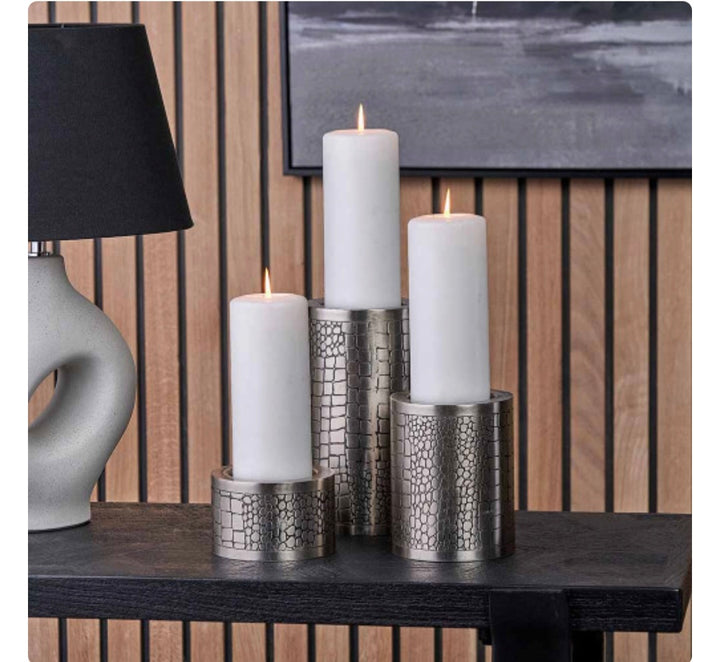 S/3 Antique Silver Croc Print Metal Pillar Candle Holders