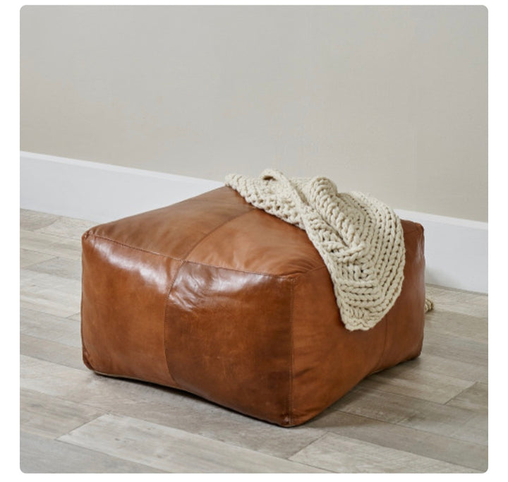 Matteo Natural Tan Leather Square Pouffe