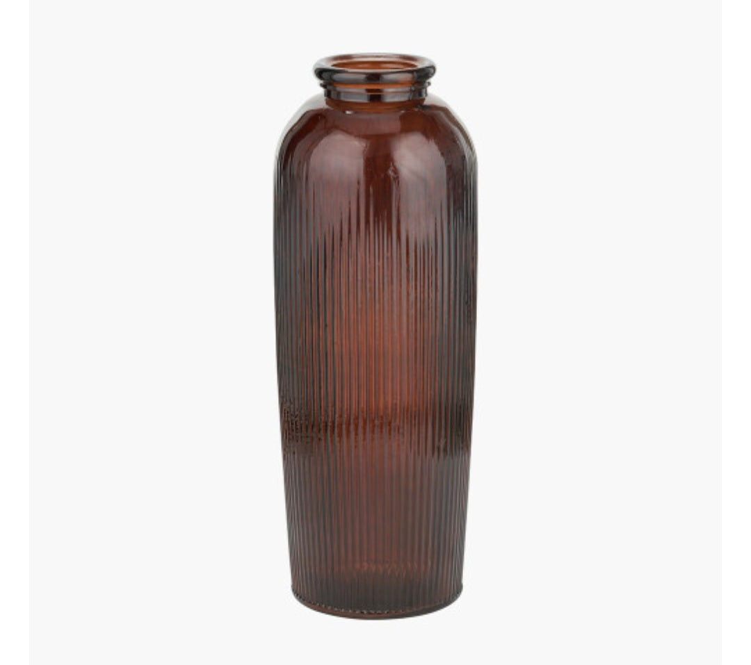 Pecan Brown Recycled Glass Ribbed Vase Tall