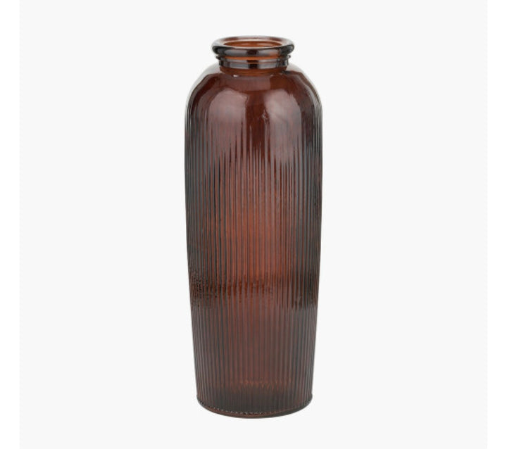 Pecan Brown Recycled Glass Ribbed Vase Tall