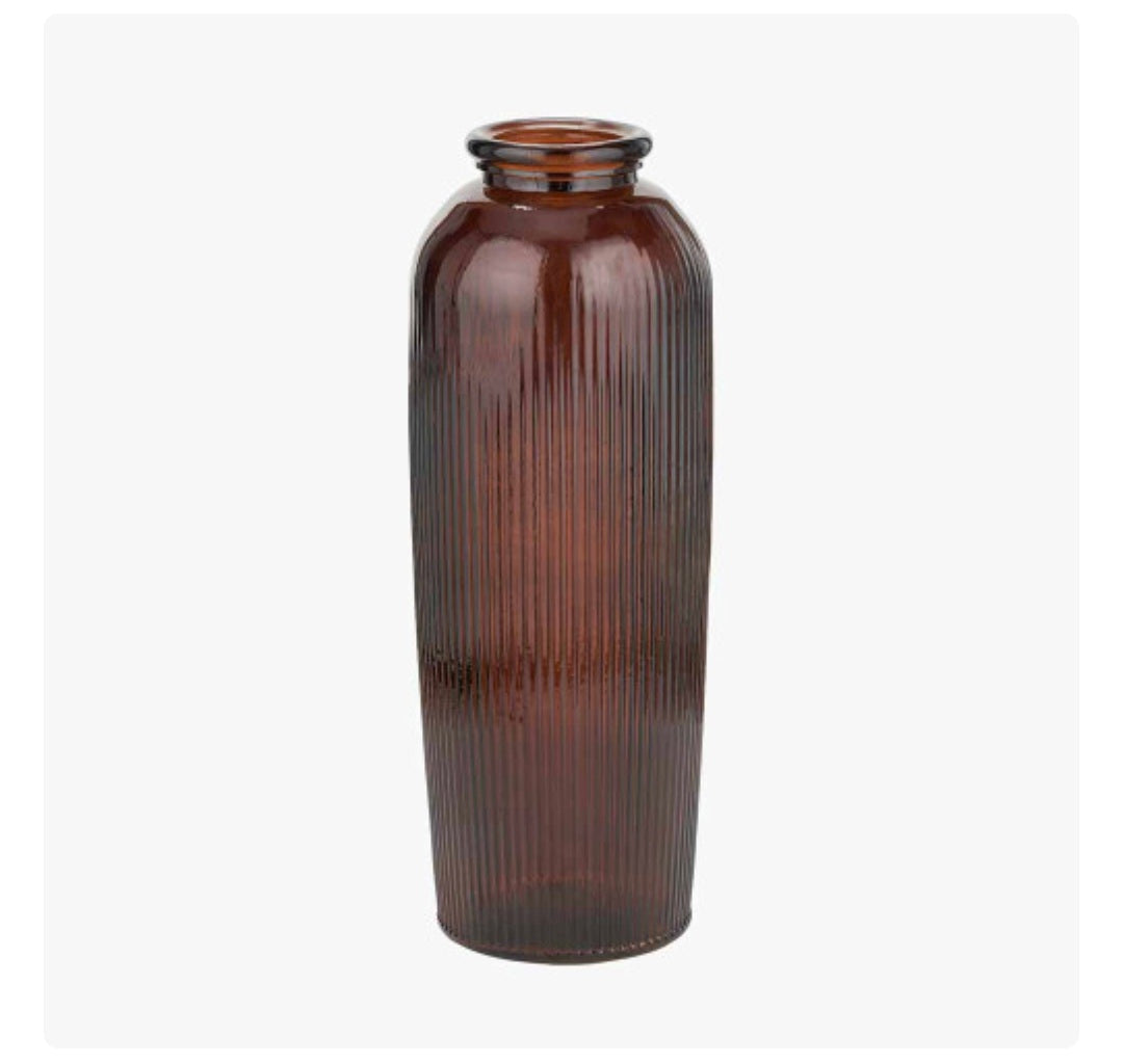 Pecan Brown Recycled Glass Ribbed Vase Tall