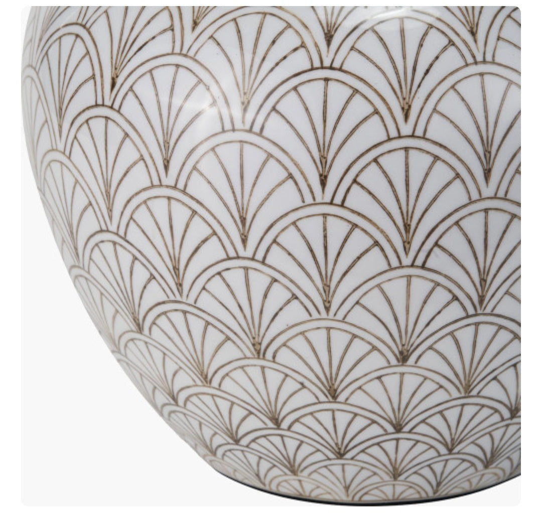 Barbier White Art Deco Fan Ceramic Table Lamp Base with Harley 45cm Slubby Hopsack Empire Lampshade