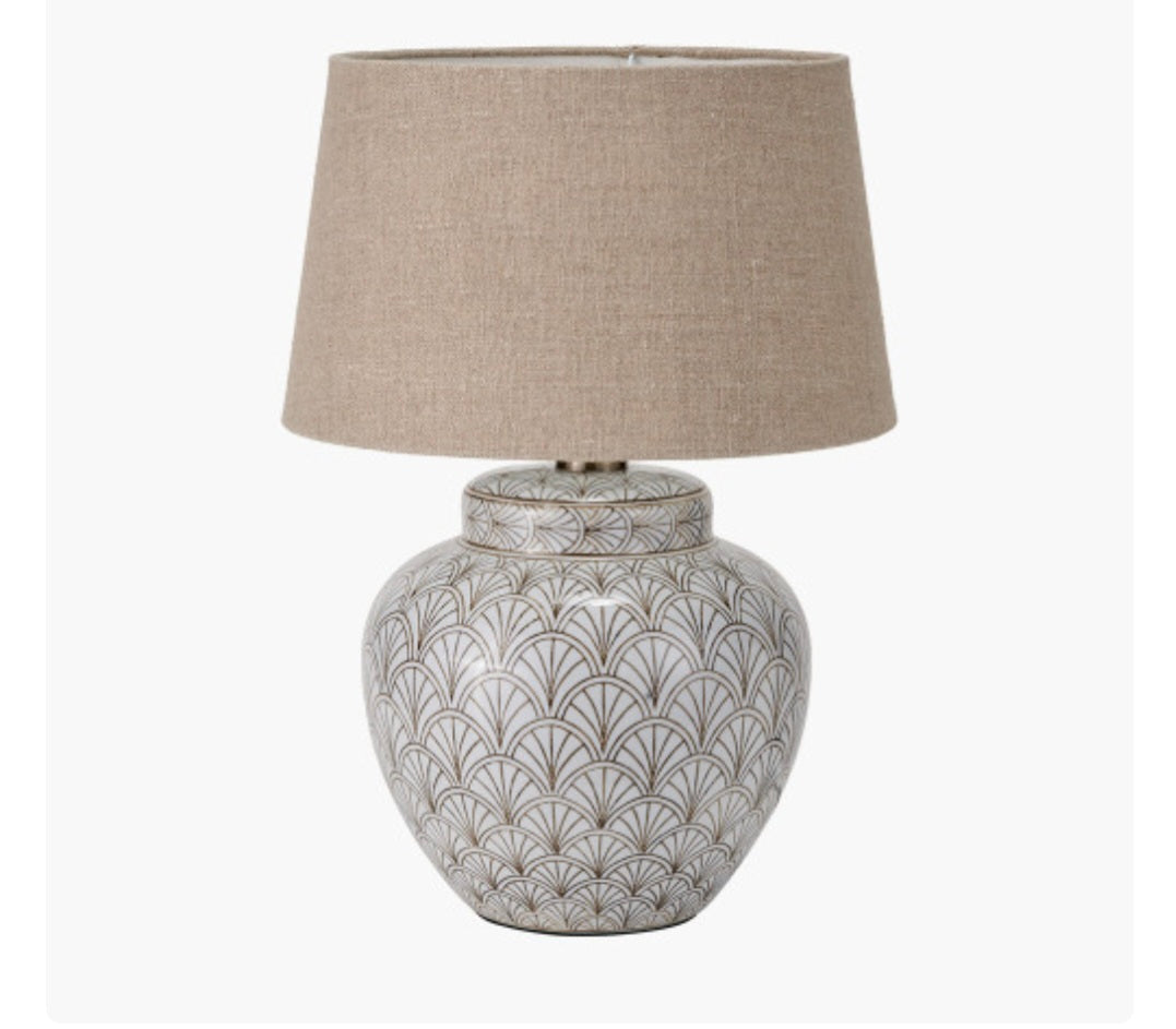 Barbier White Art Deco Fan Ceramic Table Lamp Base with Milos 35cm Natural Linen Tapered Lampshade